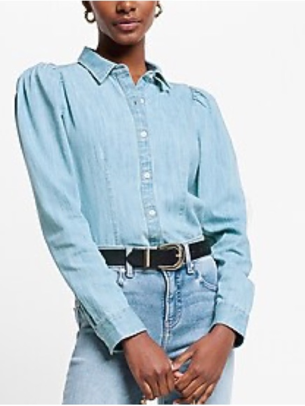 Express Light medium Wash Denim Button-Down Shirt puff shoulder large